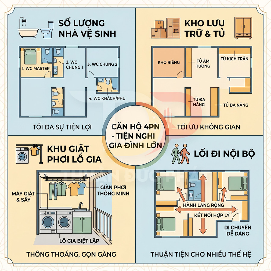 Mặt bằng căn hộ 4 phòng ngủ với 4 nhà vệ sinh, kho lưu trữ, khu giặt phơi lô gia và lối đi nội bộ tiện nghi