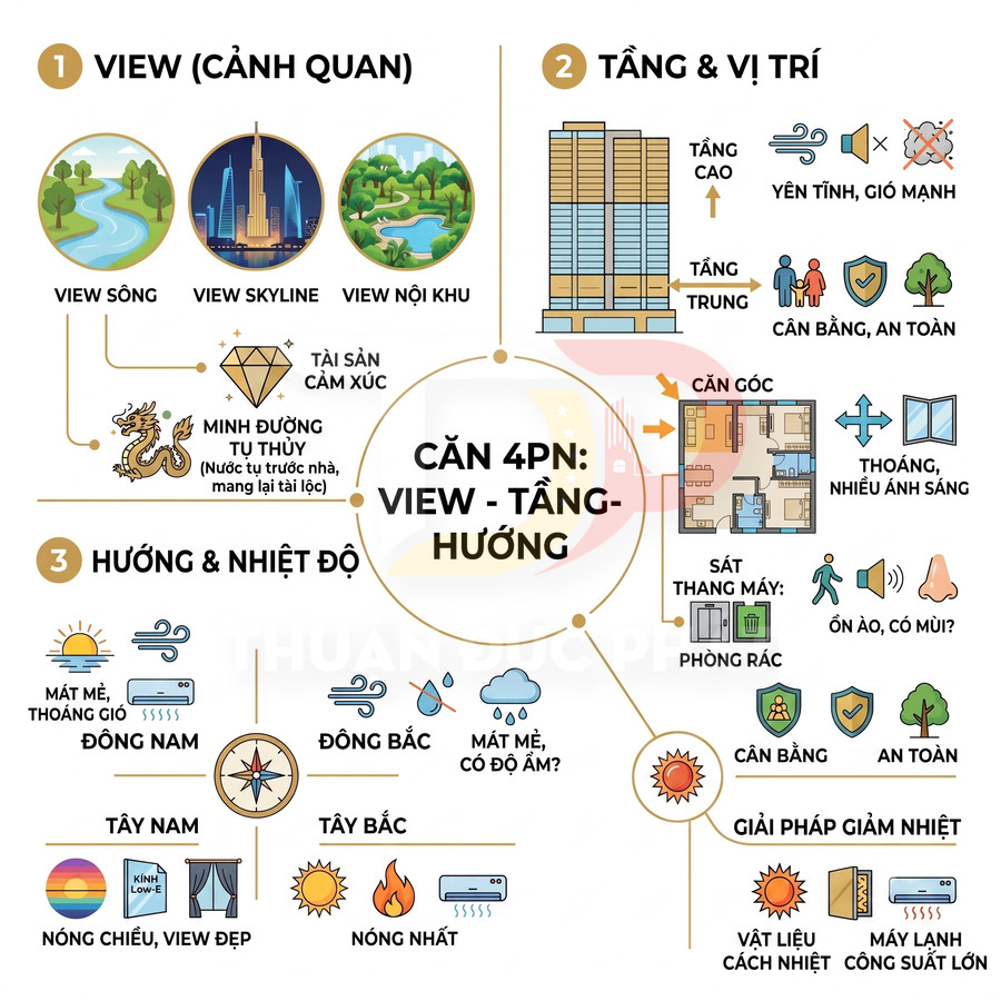 Infographic tiêu chí chọn căn hộ 4PN với view, tầng, hướng, vị trí và giải pháp giảm nhiệt khi mua chung cư