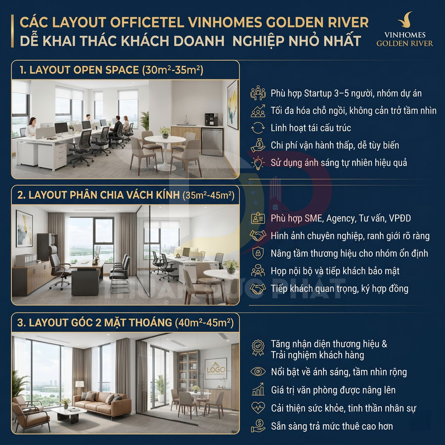 Các mẫu layout officetel Vinhomes Golden River với thiết kế văn phòng hiện đại, nhiều ánh sáng tự nhiên