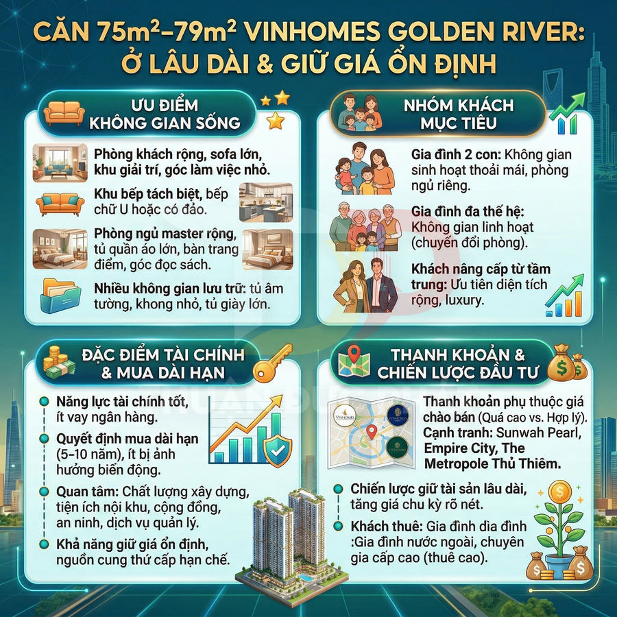Infographic giới thiệu căn hộ 75m2 79m2 Vinhomes Golden River với ưu điểm không gian sống và chiến lược đầu tư