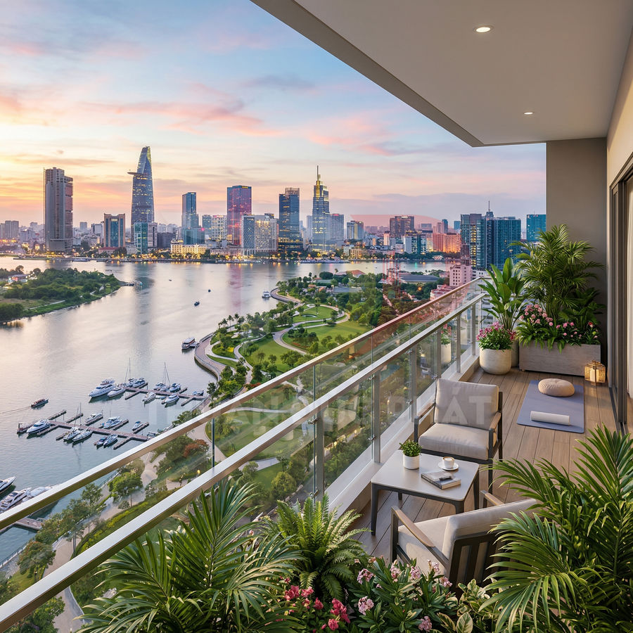 Ban công căn hộ cao cấp với bàn ghế thư giãn, nhiều cây xanh nhìn ra sông và skyline trung tâm thành phố lúc hoàng hôn