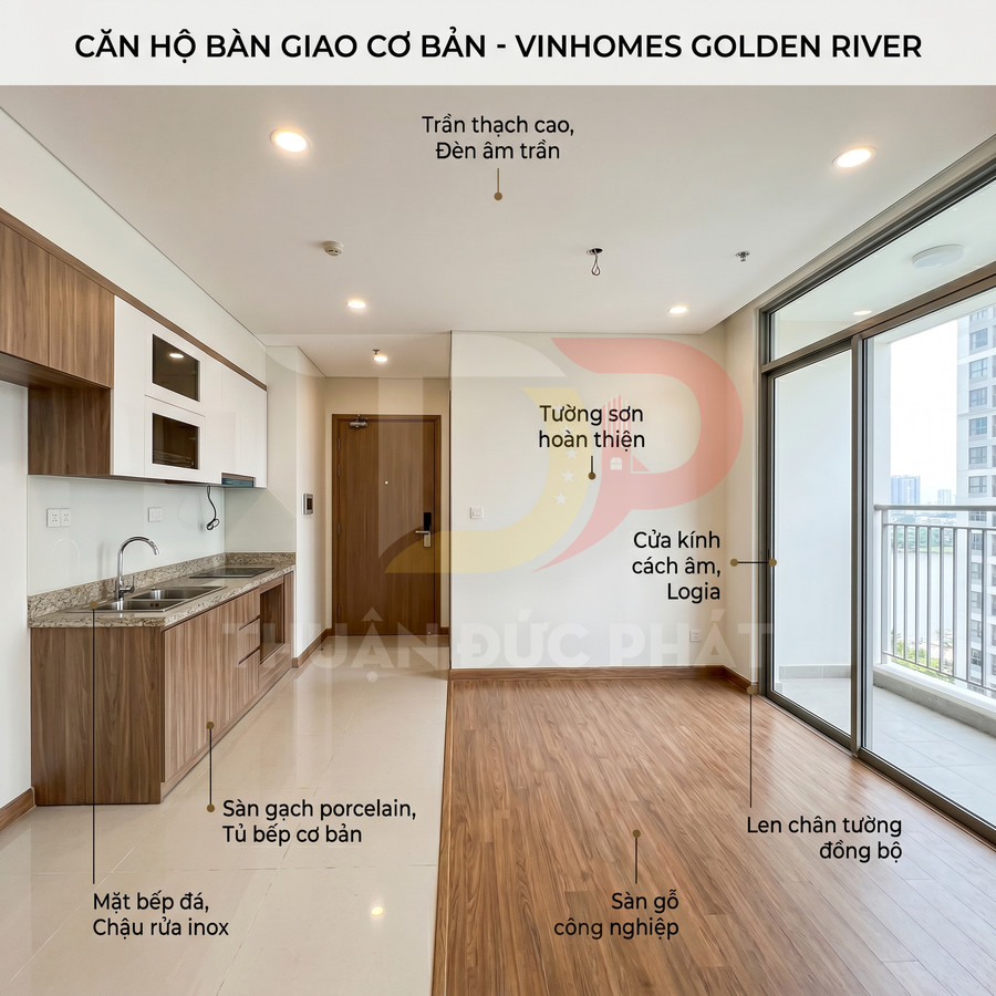 Căn hộ bàn giao cơ bản Vinhomes Golden River với bếp gỗ, sàn gỗ công nghiệp và cửa kính ra ban công