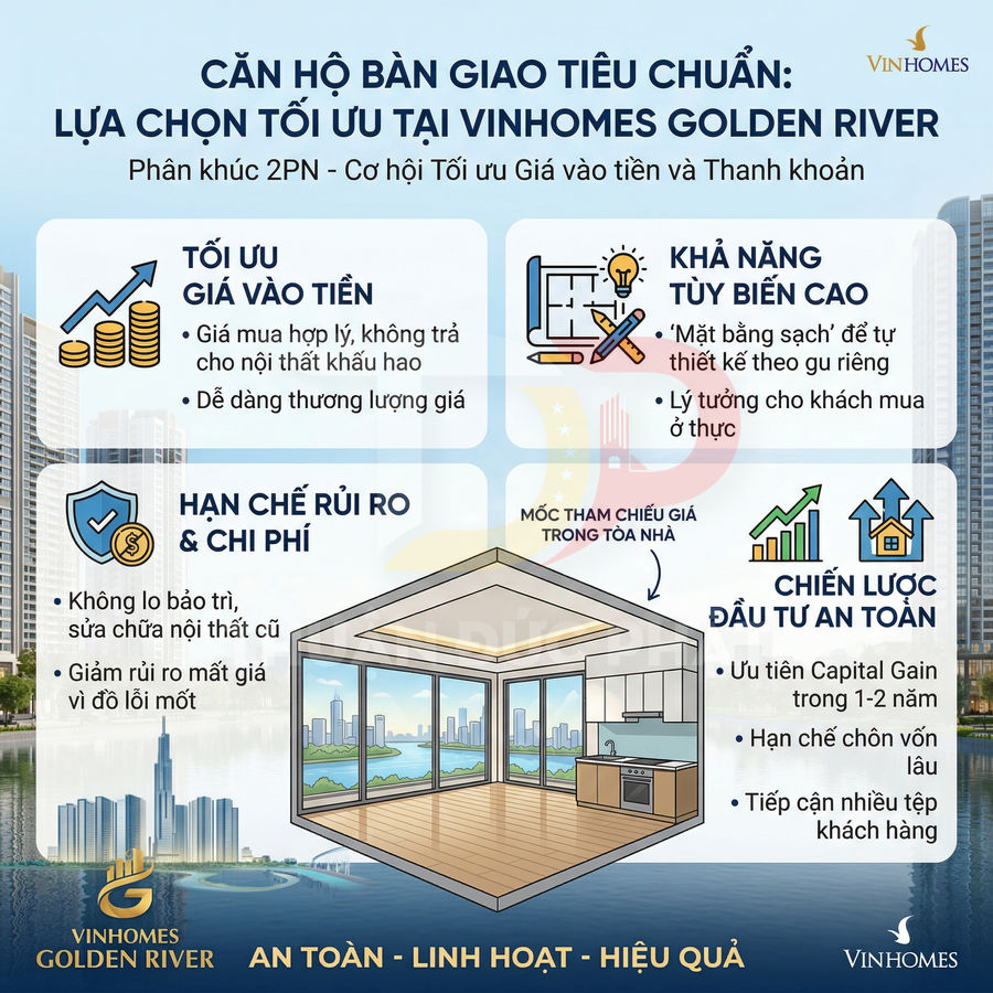 Infographic giới thiệu lợi ích căn hộ bàn giao tiêu chuẩn 2PN tại Vinhomes Golden River cho nhà đầu tư
