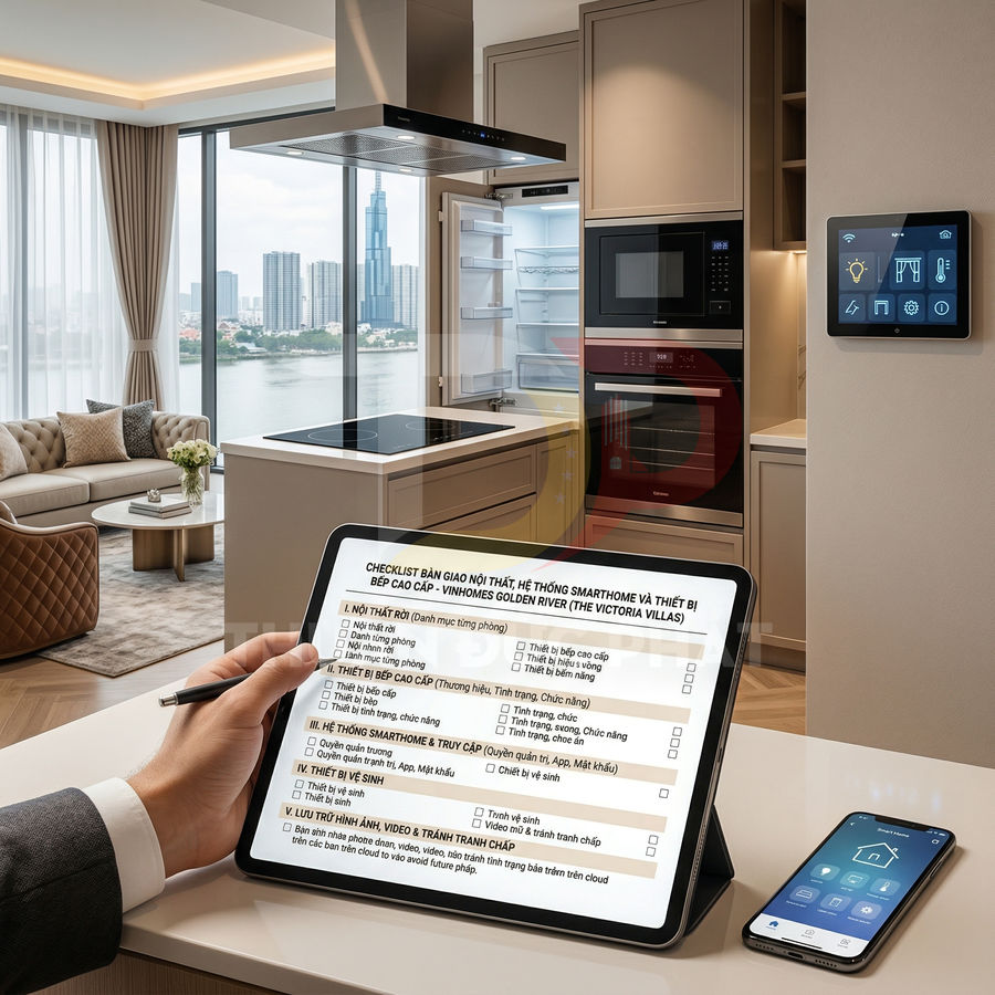 Máy tính bảng và điện thoại điều khiển hệ thống smarthome trong căn hộ bếp cao cấp nhìn ra sông