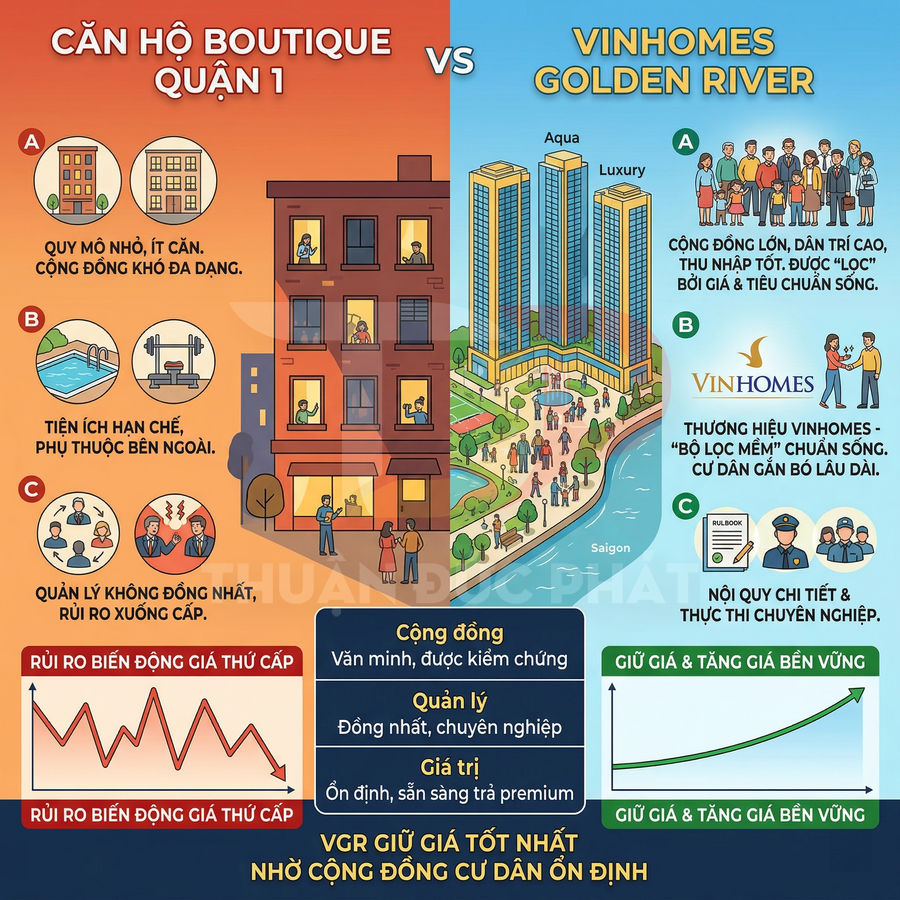 Infographic so sánh căn hộ boutique Quận 1 với dự án Vinhomes Golden River về cộng đồng, tiện ích và giá trị đầu tư
