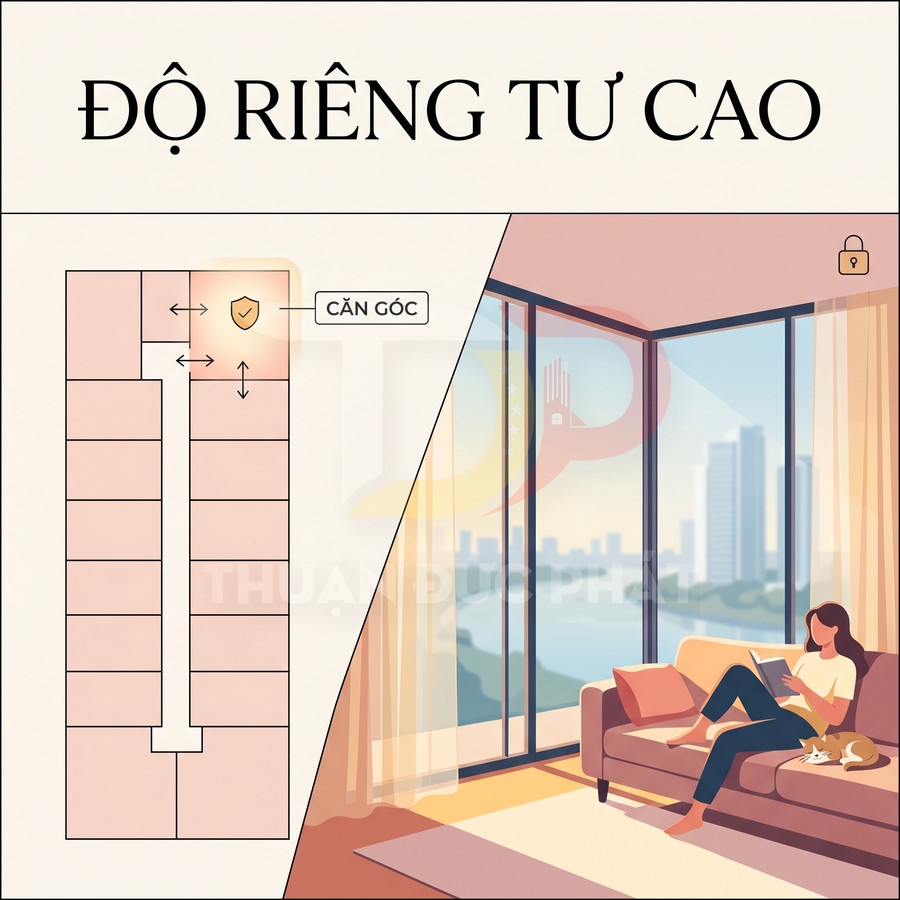 Căn hộ góc chung cư riêng tư cao với phòng khách nhiều cửa kính nhìn ra thành phố và sông