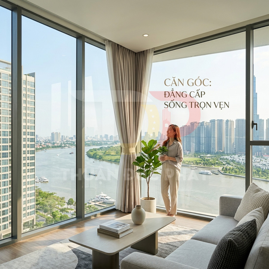 Căn hộ cao cấp view sông với cửa kính toàn cảnh, phòng khách sáng, sofa hiện đại và bàn trà gỗ