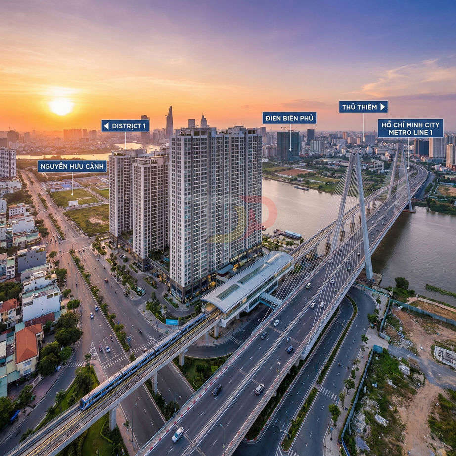 Căn hộ cao cấp cạnh ga metro và cầu Thủ Thiêm nhìn từ trên cao lúc hoàng hôn ở TP HCM
