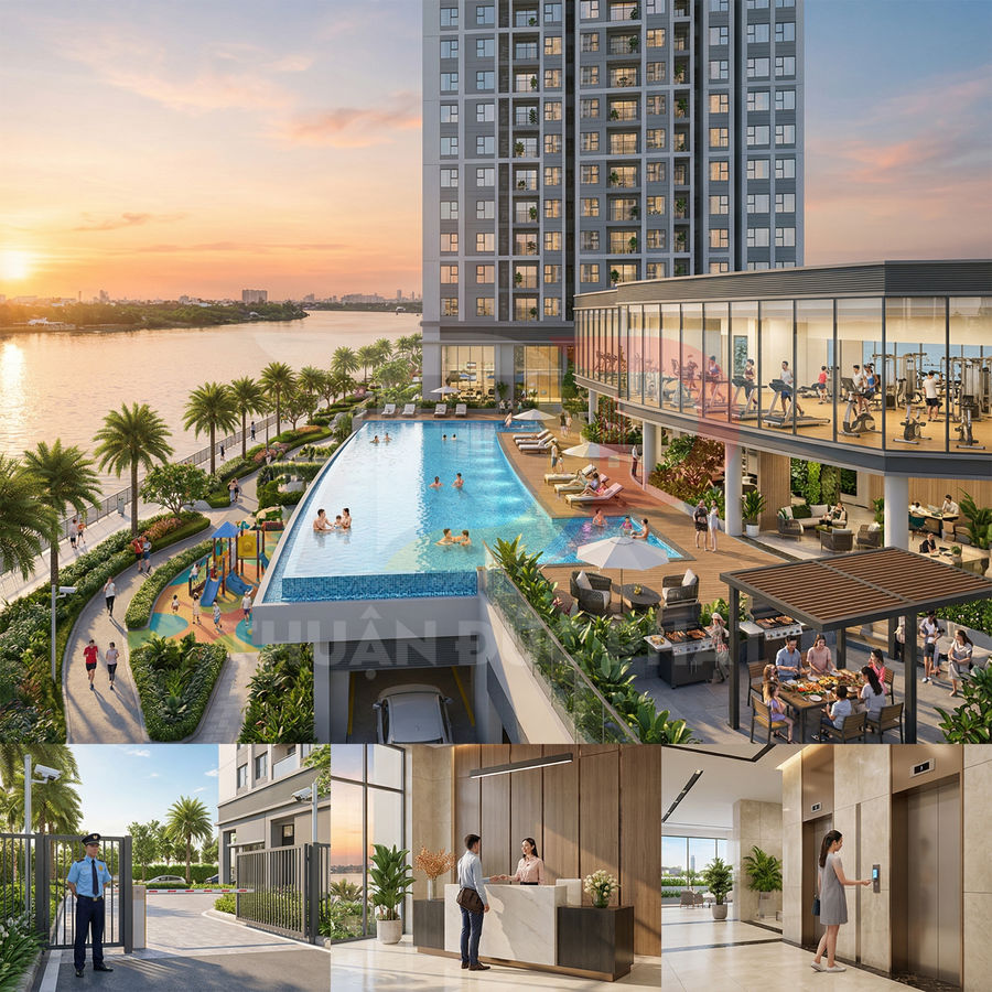 Tiện ích căn hộ cao cấp ven sông với hồ bơi, phòng gym, khu vui chơi và khu BBQ ngoài trời