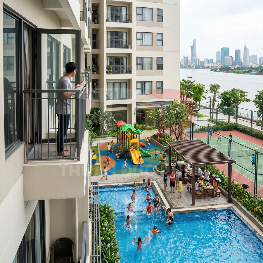 Khu căn hộ cao cấp với hồ bơi, sân chơi trẻ em và sân thể thao nhìn ra sông và trung tâm thành phố