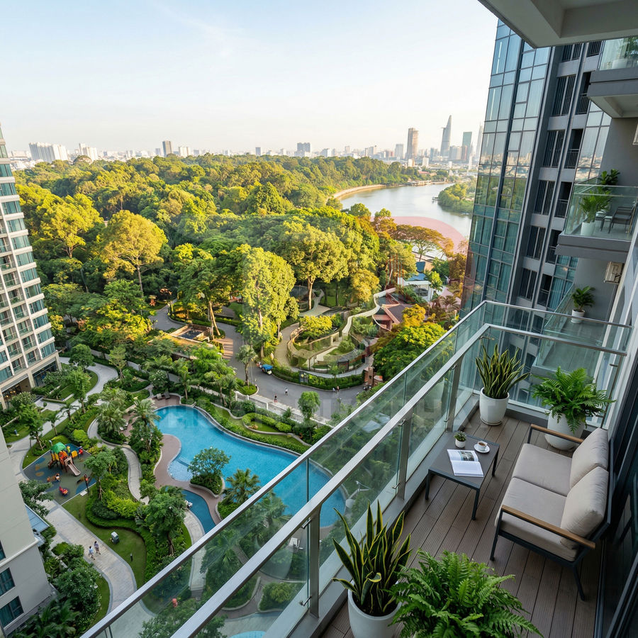Ban công căn hộ cao cấp với ghế sofa, cây xanh nhìn xuống hồ bơi và công viên nội khu nhiều cây