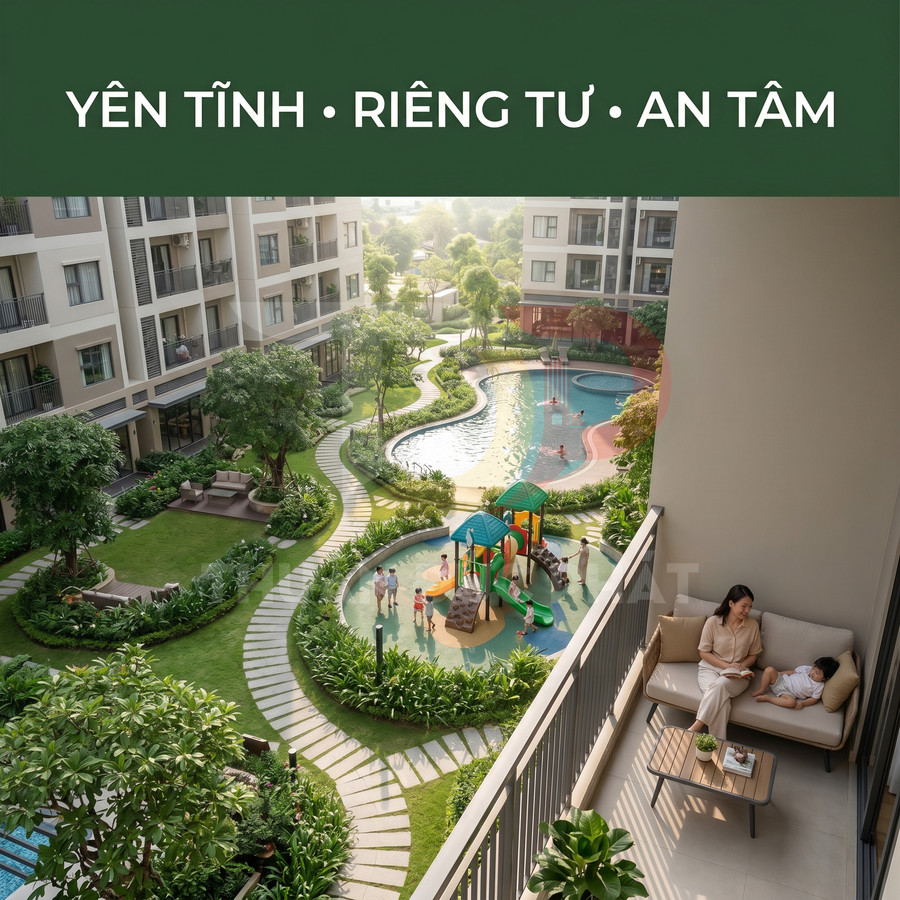 Ban công căn hộ nhìn xuống khuôn viên chung cư xanh mát với hồ bơi và sân chơi trẻ em