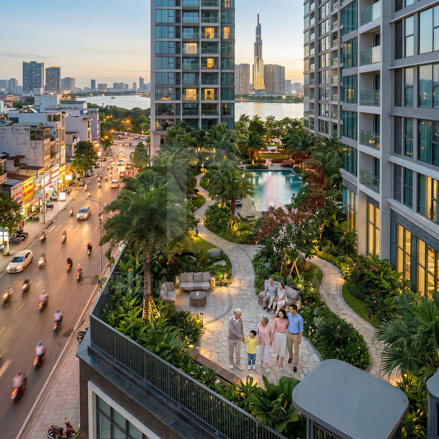 Khu căn hộ cao cấp với vườn đi bộ, hồ bơi và gia đình dạo chơi trên sân thượng buổi hoàng hôn