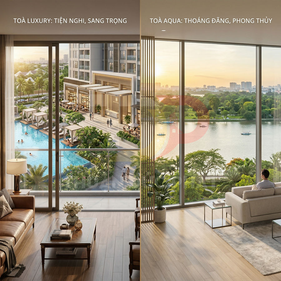 Căn hộ cao cấp với phòng khách rộng, ban công nhìn ra hồ bơi và hồ nước, nhiều cây xanh và tiện ích sang trọng