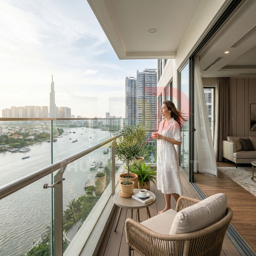 Ban công căn hộ cao cấp view sông và thành phố, nội thất hiện đại với bàn ghế mây và cây xanh