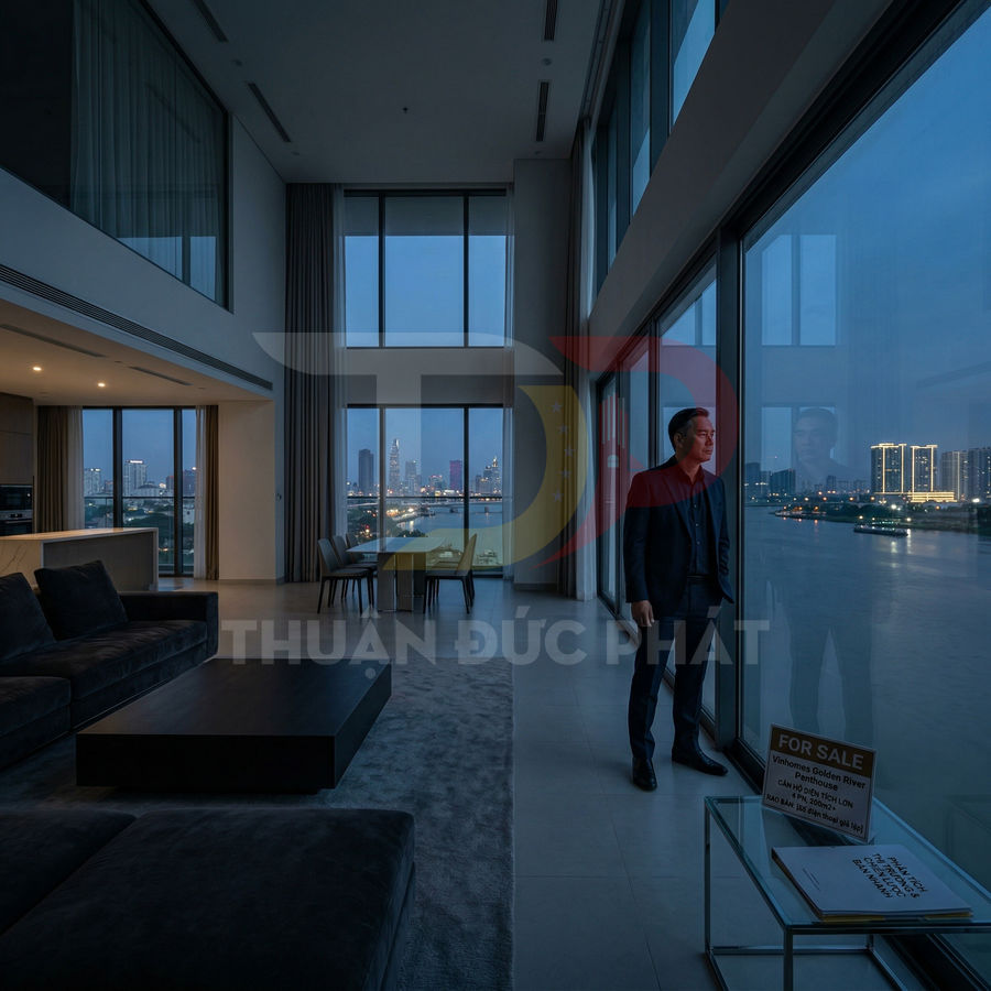 Căn hộ cao cấp view sông và thành phố về đêm với phòng khách rộng, nội thất hiện đại và biển rao bán