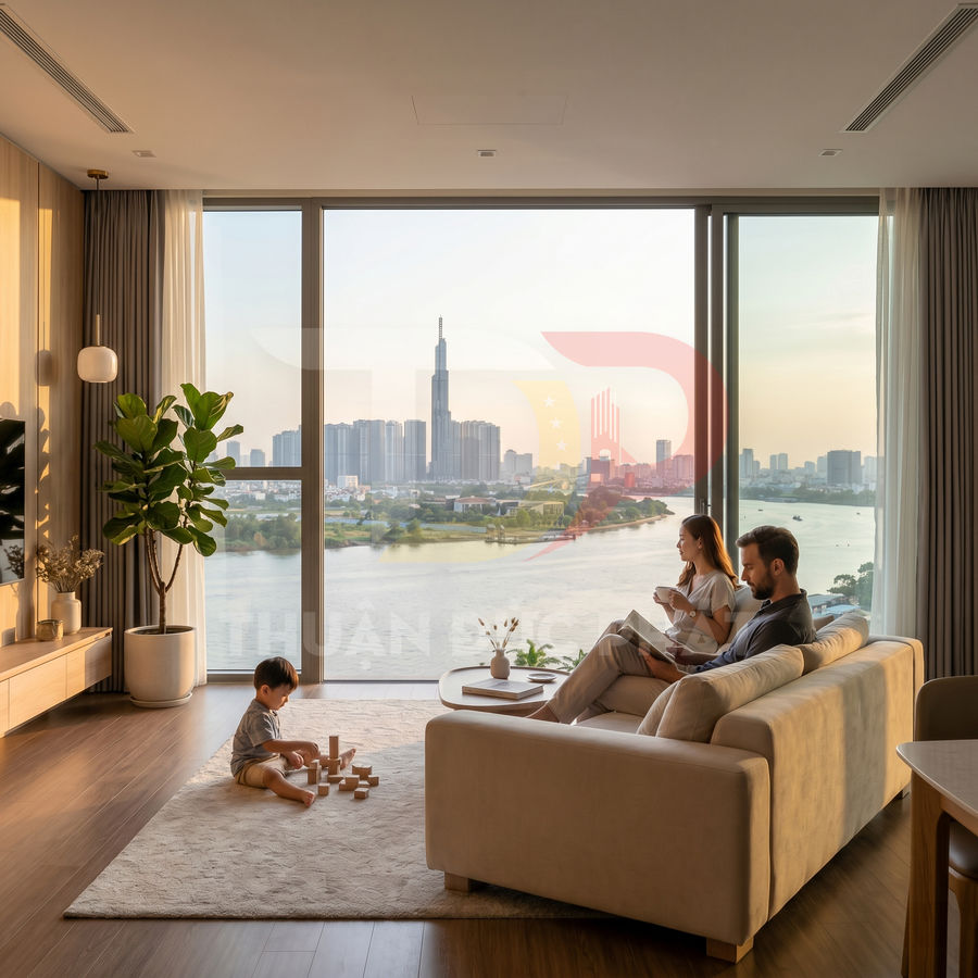 Cửa kính trượt lớn cho căn hộ cao cấp view sông và thành phố, đón nhiều ánh sáng tự nhiên