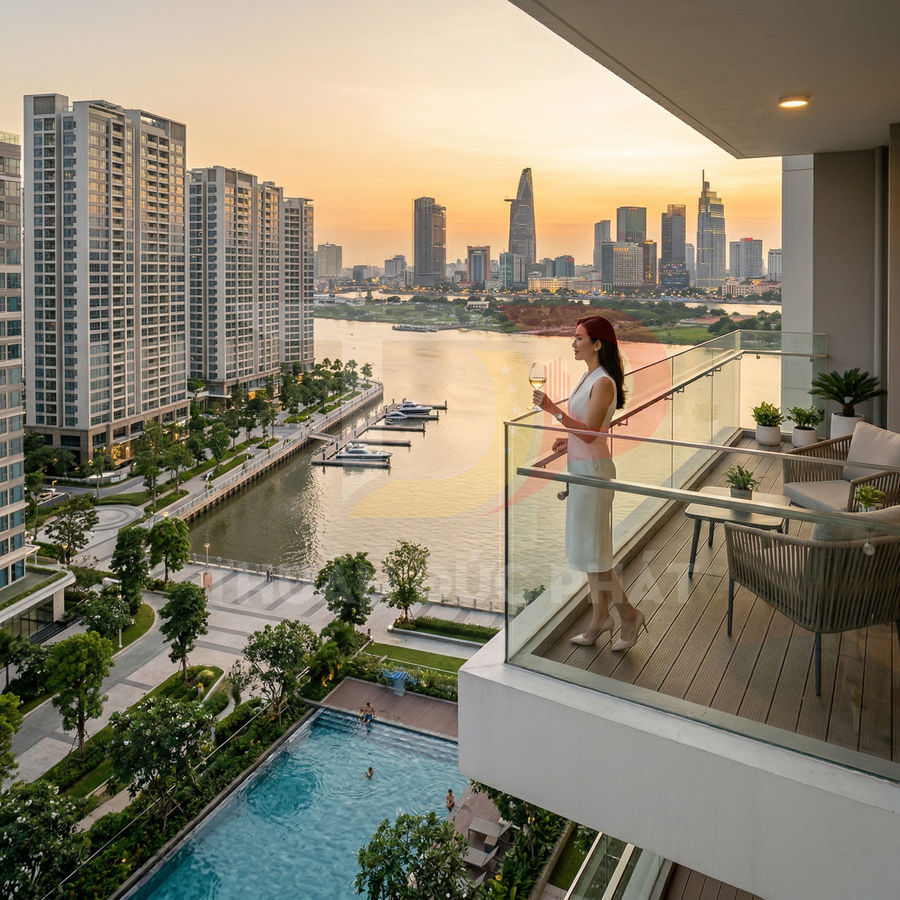 Căn hộ cao cấp view sông Sài Gòn với hồ bơi, bến du thuyền và phụ nữ đứng trên ban công ngắm hoàng hôn