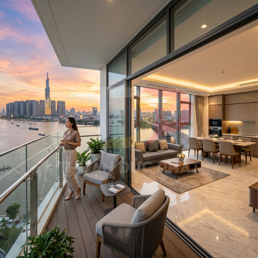 Căn hộ cao cấp với phòng khách và bếp mở ra ban công rộng view sông và thành phố lúc hoàng hôn