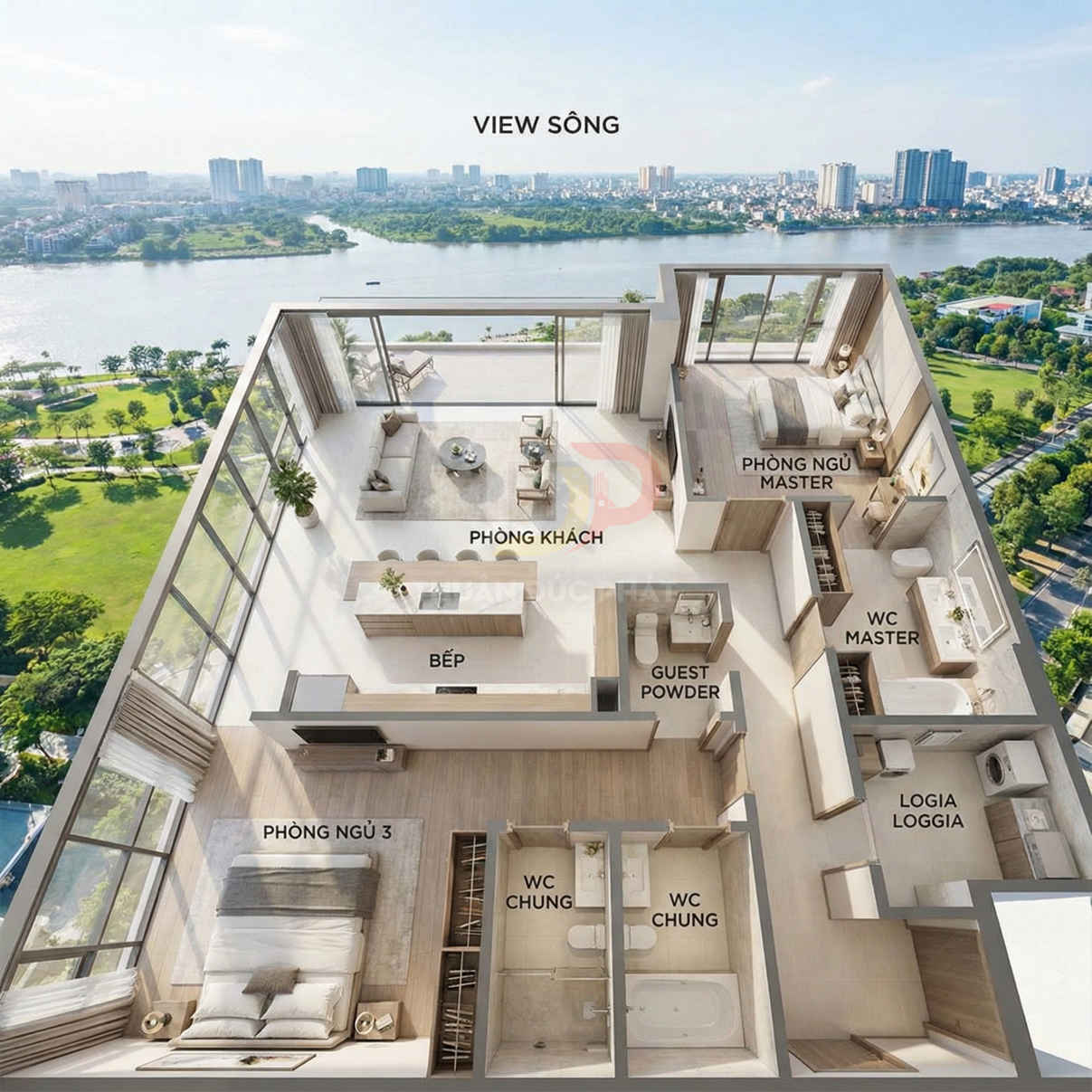 Mặt bằng căn hộ cao cấp 3 phòng ngủ view sông với phòng khách bếp mở và nhiều WC tiện nghi