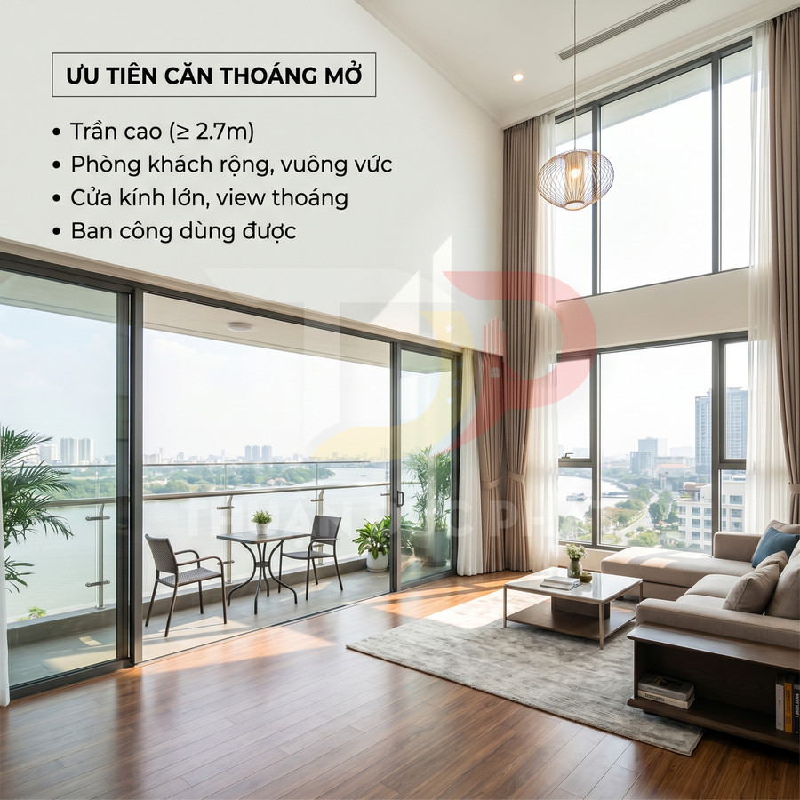 Căn hộ cao cấp phòng khách trần cao cửa kính lớn ban công rộng view sông thoáng mát