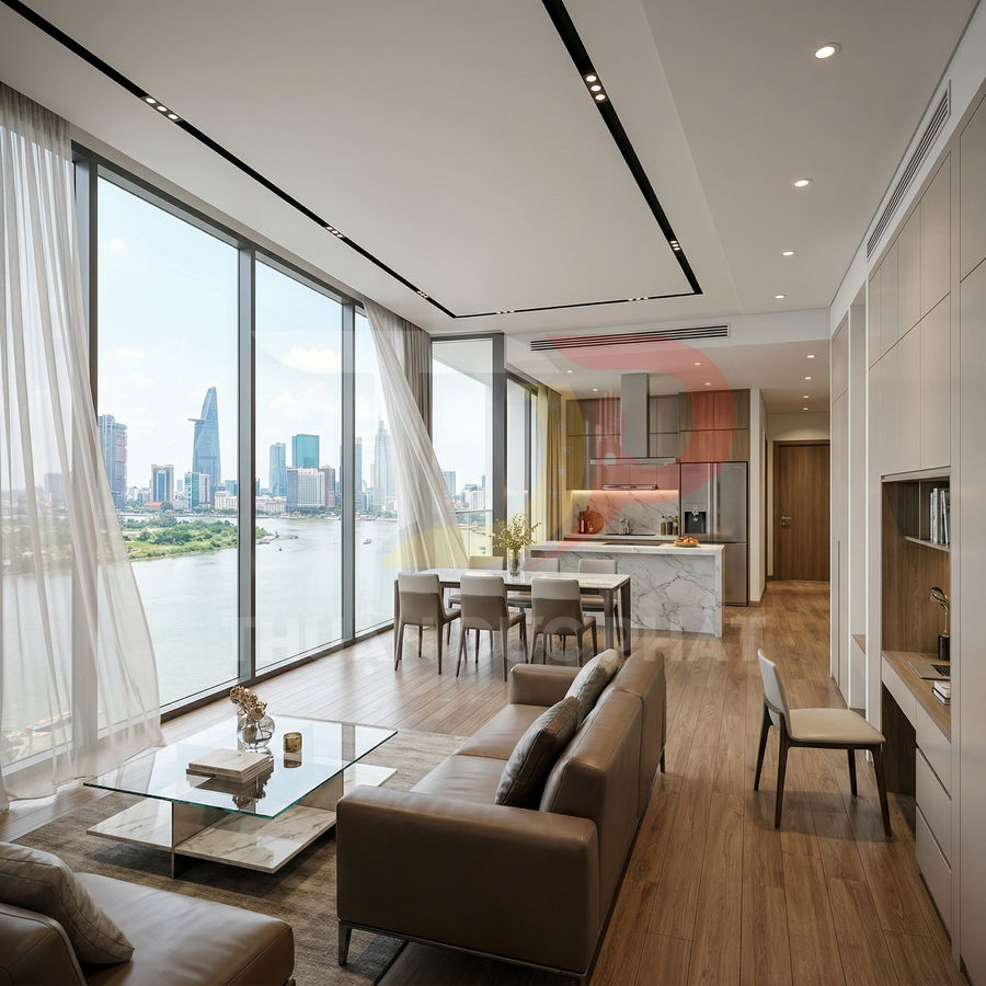Phòng khách căn hộ cao cấp với sofa da, bàn kính, bếp và bàn ăn nhìn ra sông và skyline thành phố