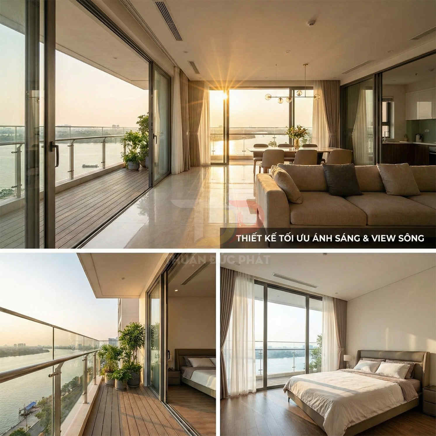 Căn hộ cao cấp cửa kính lớn tối ưu ánh sáng, ban công rộng view sông, phòng khách và phòng ngủ hiện đại