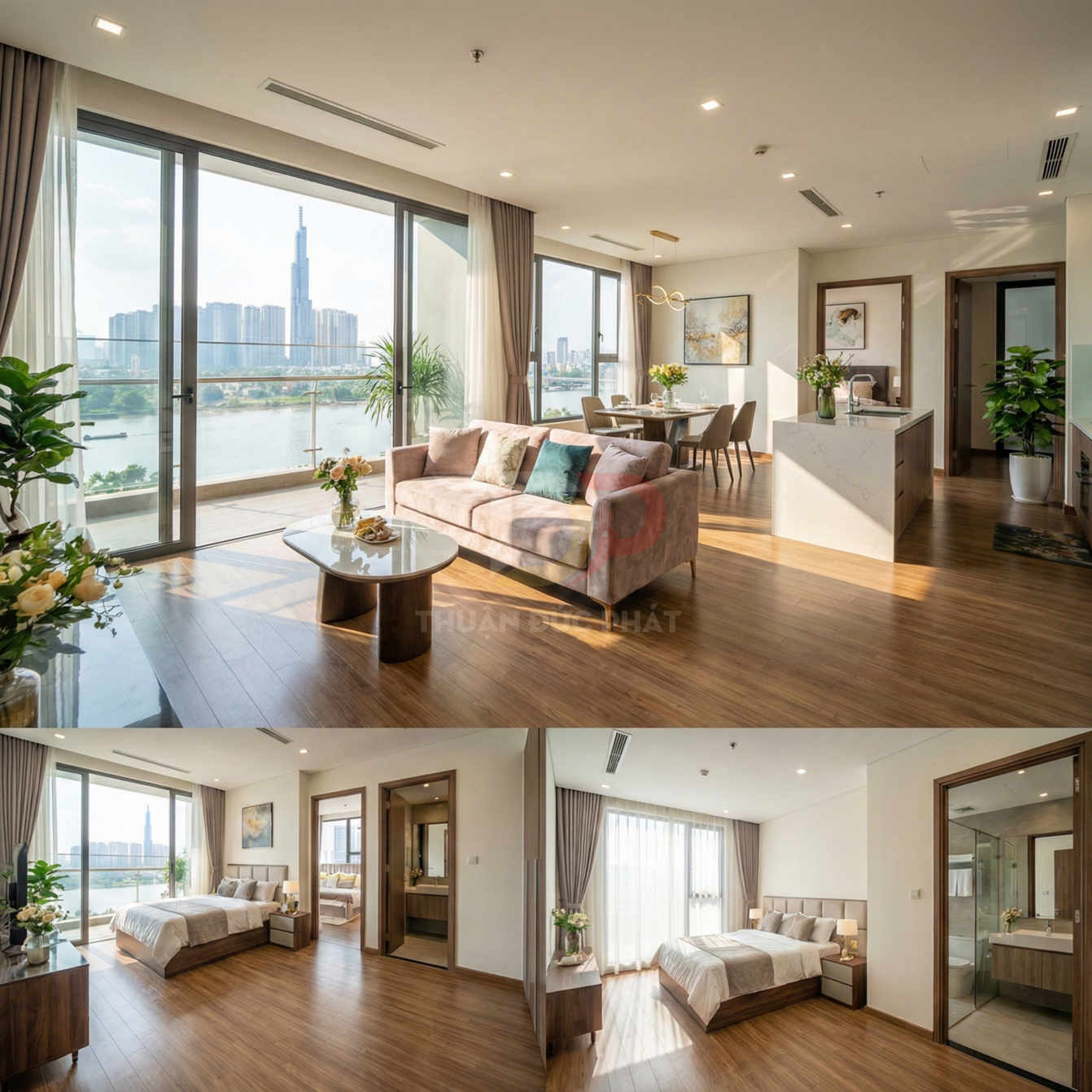 Căn hộ cao cấp nội thất gỗ sáng, phòng khách và phòng ngủ rộng thoáng nhìn ra sông và thành phố