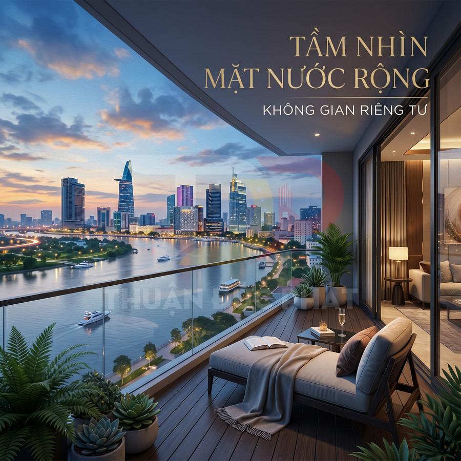 Ban công căn hộ cao cấp view sông Sài Gòn và trung tâm thành phố lúc hoàng hôn