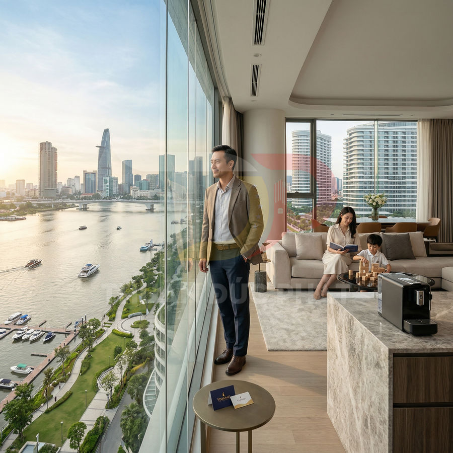 Căn hộ cao cấp view sông Sài Gòn với phòng khách sang trọng và máy pha cà phê trên bàn bếp