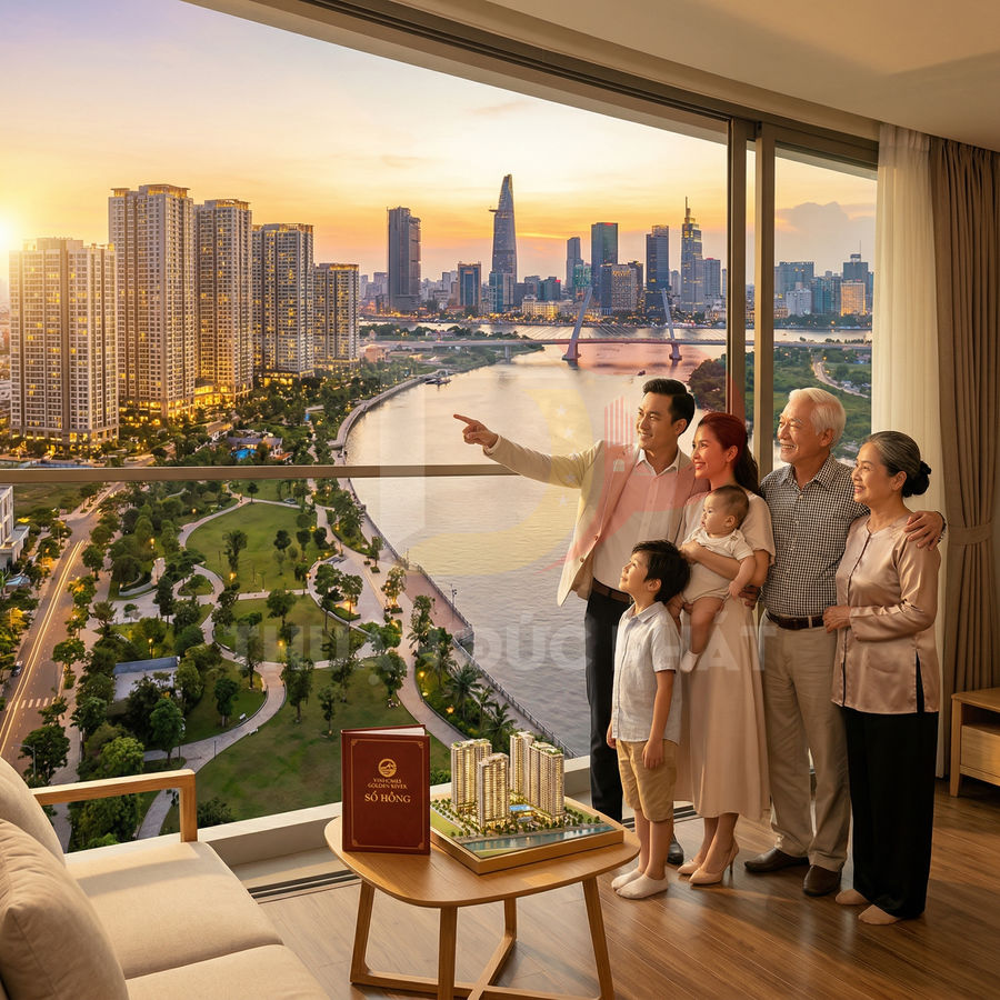 Gia đình ngắm cảnh sông và khu căn hộ cao cấp từ cửa sổ, bàn có mô hình dự án bất động sản