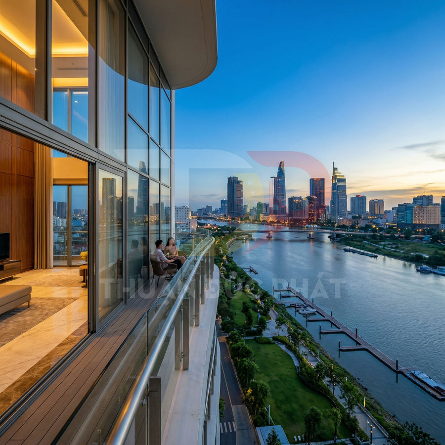 Căn hộ cao cấp với ban công rộng nhìn ra sông Sài Gòn và trung tâm thành phố lúc hoàng hôn