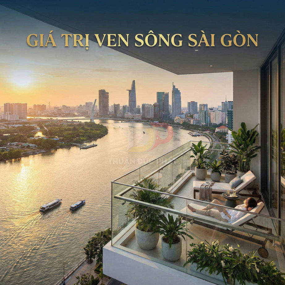 Căn hộ cao cấp ven sông Sài Gòn với ban công rộng, nhiều cây xanh và view toàn cảnh thành phố lúc hoàng hôn