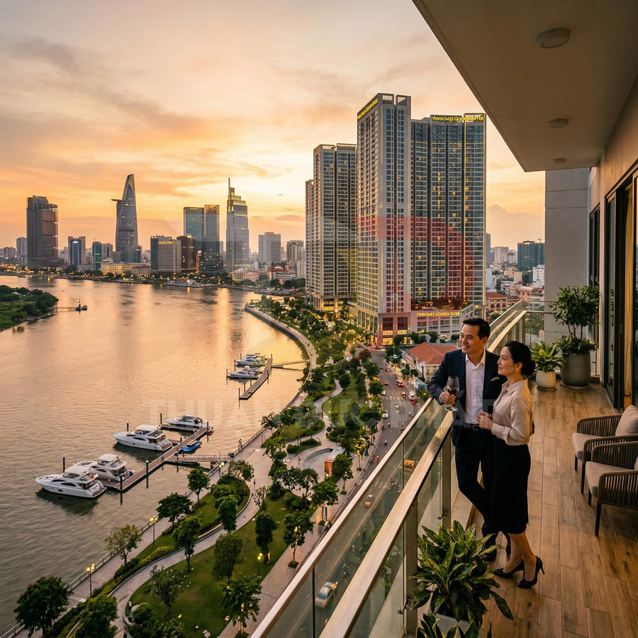 Căn hộ cao cấp view sông Sài Gòn với ban công rộng, cặp đôi thư giãn ngắm hoàng hôn và skyline thành phố