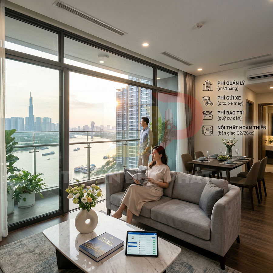 Căn hộ cao cấp view sông với phòng khách sang trọng, bàn ăn và ban công kính nhìn ra thành phố