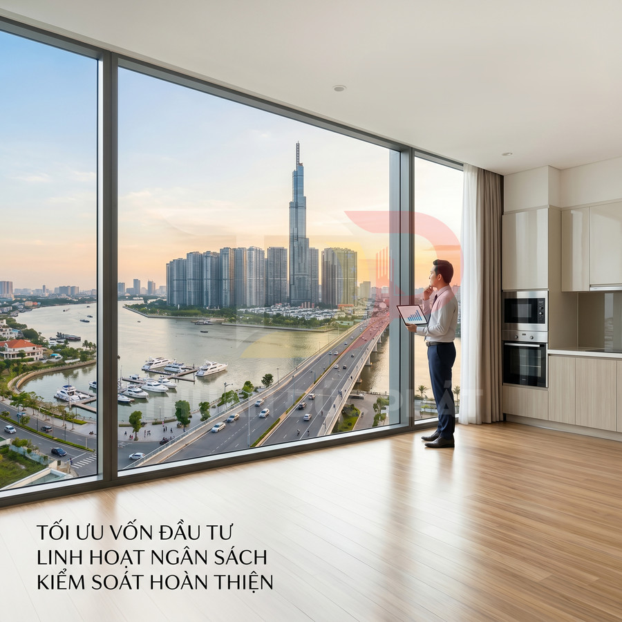 Căn hộ cao cấp view sông Sài Gòn và Landmark 81, doanh nhân cầm tablet đứng bên cửa kính toàn cảnh