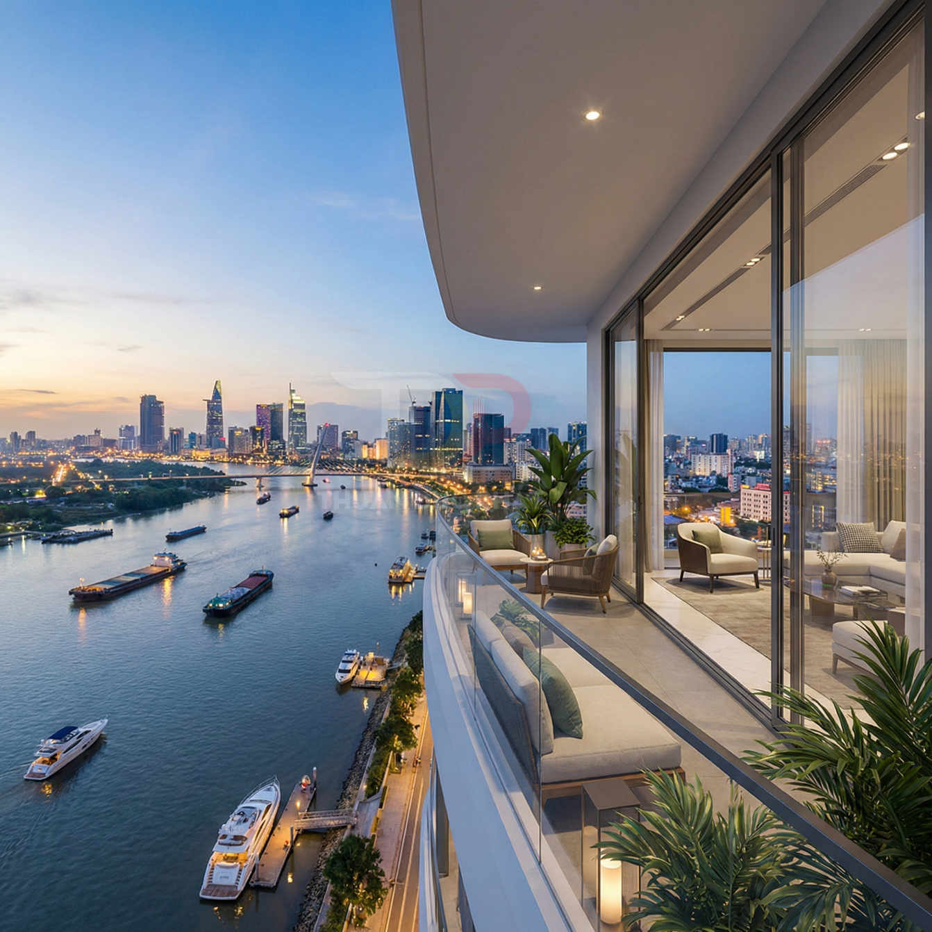 Ban công căn hộ cao cấp view sông và toàn cảnh thành phố về đêm