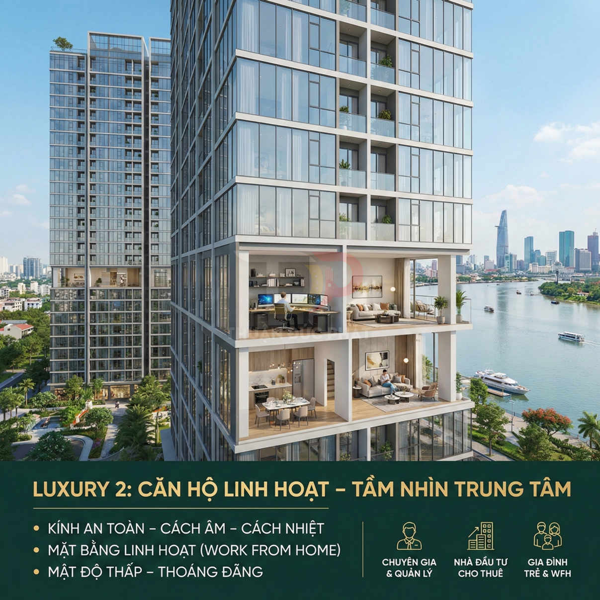 Căn hộ chung cư cao cấp Luxury 2 view sông, thiết kế kính hiện đại, không gian linh hoạt làm việc tại nhà
