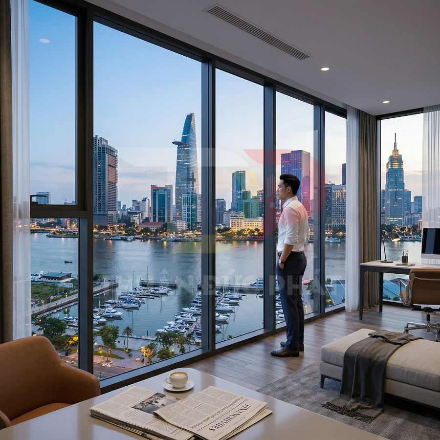 Căn hộ cao cấp với cửa kính lớn nhìn ra bến du thuyền và skyline trung tâm thành phố sông Saigon