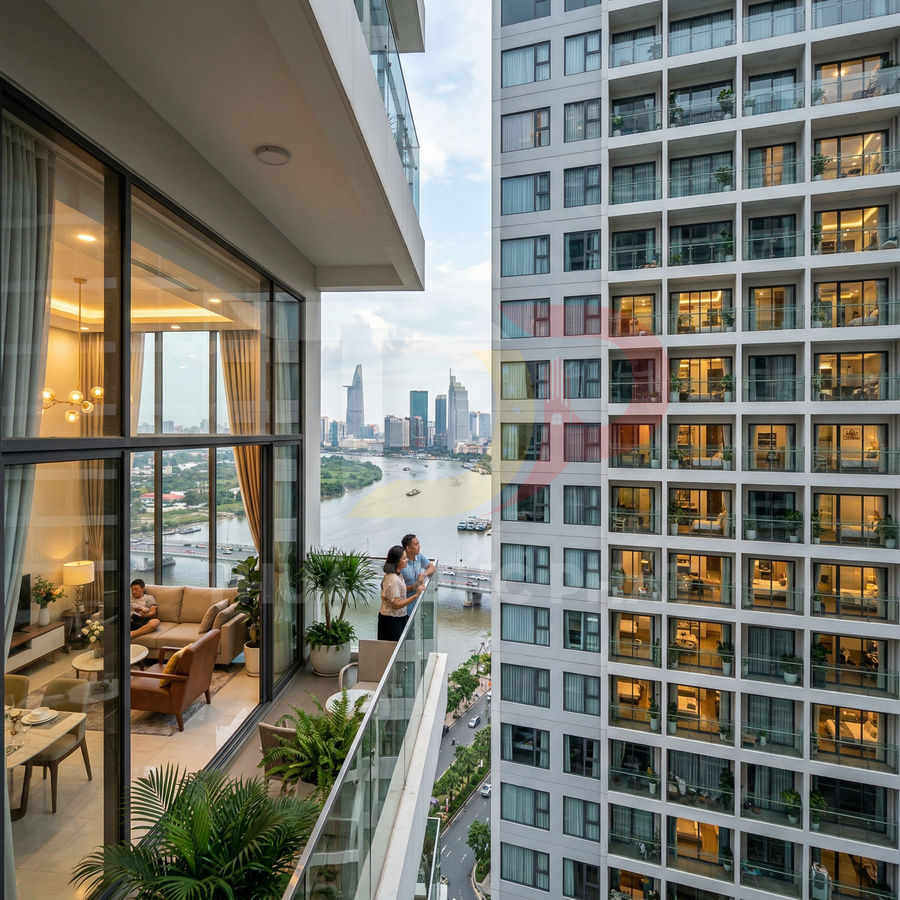 Căn hộ chung cư cao cấp với ban công nhiều cây xanh nhìn ra sông và trung tâm thành phố