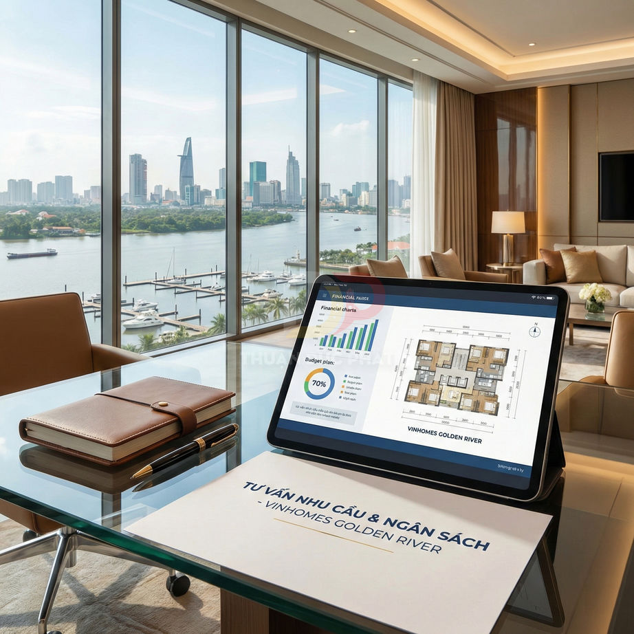 Máy tính bảng hiển thị bản vẽ căn hộ Vinhomes Golden River trên bàn làm việc cạnh sổ tay và bút trong phòng sang trọng