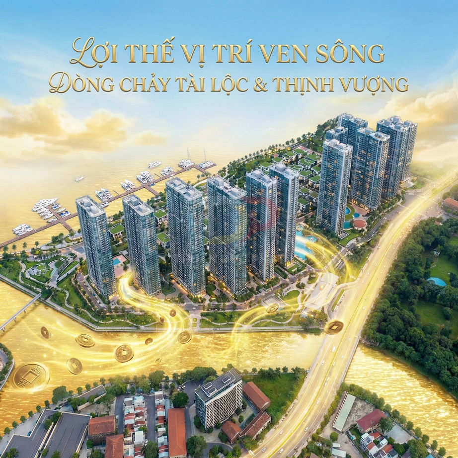 Phối cảnh dự án căn hộ cao cấp ven sông với nhiều tòa tháp hiện đại và đường giao thông sầm uất