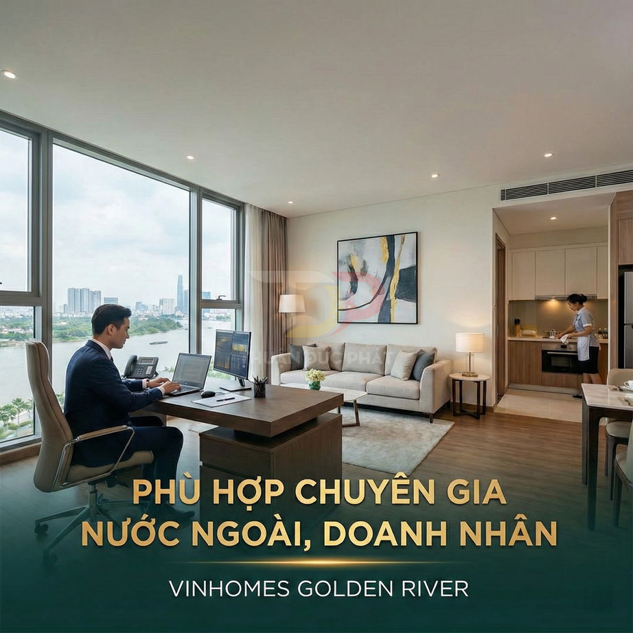Căn hộ cao cấp Vinhomes Golden River với phòng làm việc, phòng khách và bếp hiện đại, phù hợp chuyên gia doanh nhân