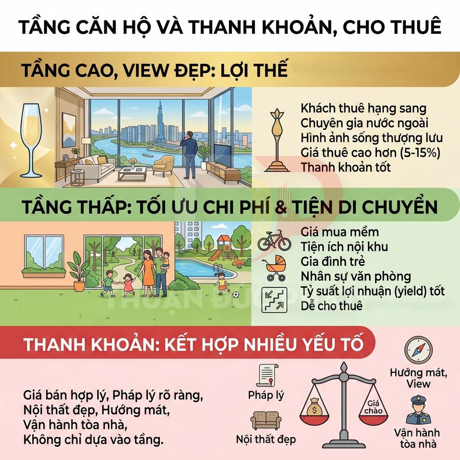 Infographic so sánh ưu nhược điểm căn hộ tầng cao, tầng thấp và các yếu tố quyết định thanh khoản khi cho thuê