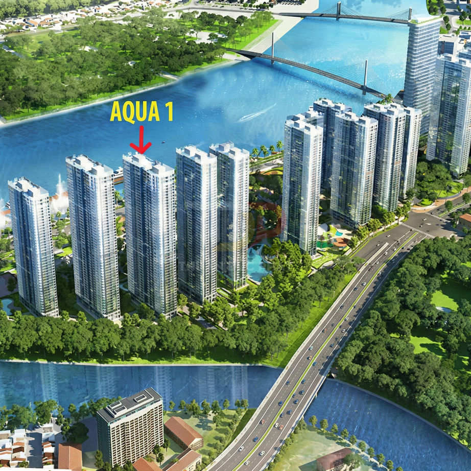 Phối cảnh khu căn hộ cao cấp Aqua 1 bên sông với nhiều tòa tháp, cầu và đường lớn bao quanh