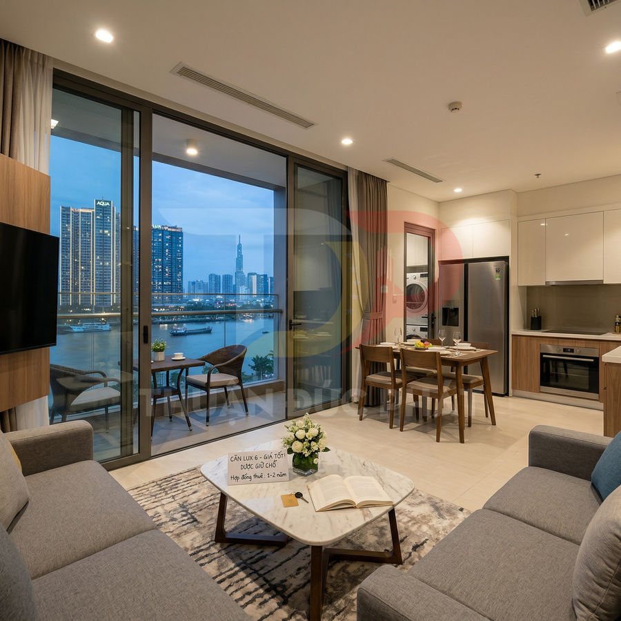 Căn hộ chung cư cao cấp với phòng khách liền bếp, nội thất hiện đại và ban công view sông, nhìn ra tòa nhà cao tầng