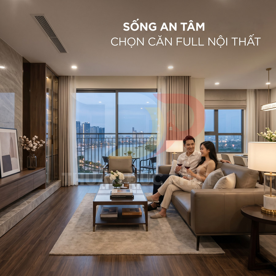 Căn hộ cao cấp full nội thất với phòng khách hiện đại, đôi vợ chồng thư giãn trên sofa cạnh cửa sổ view sông