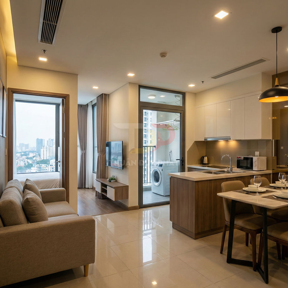Căn hộ chung cư hiện đại với phòng khách, bếp và khu giặt phơi có máy giặt nhìn ra thành phố