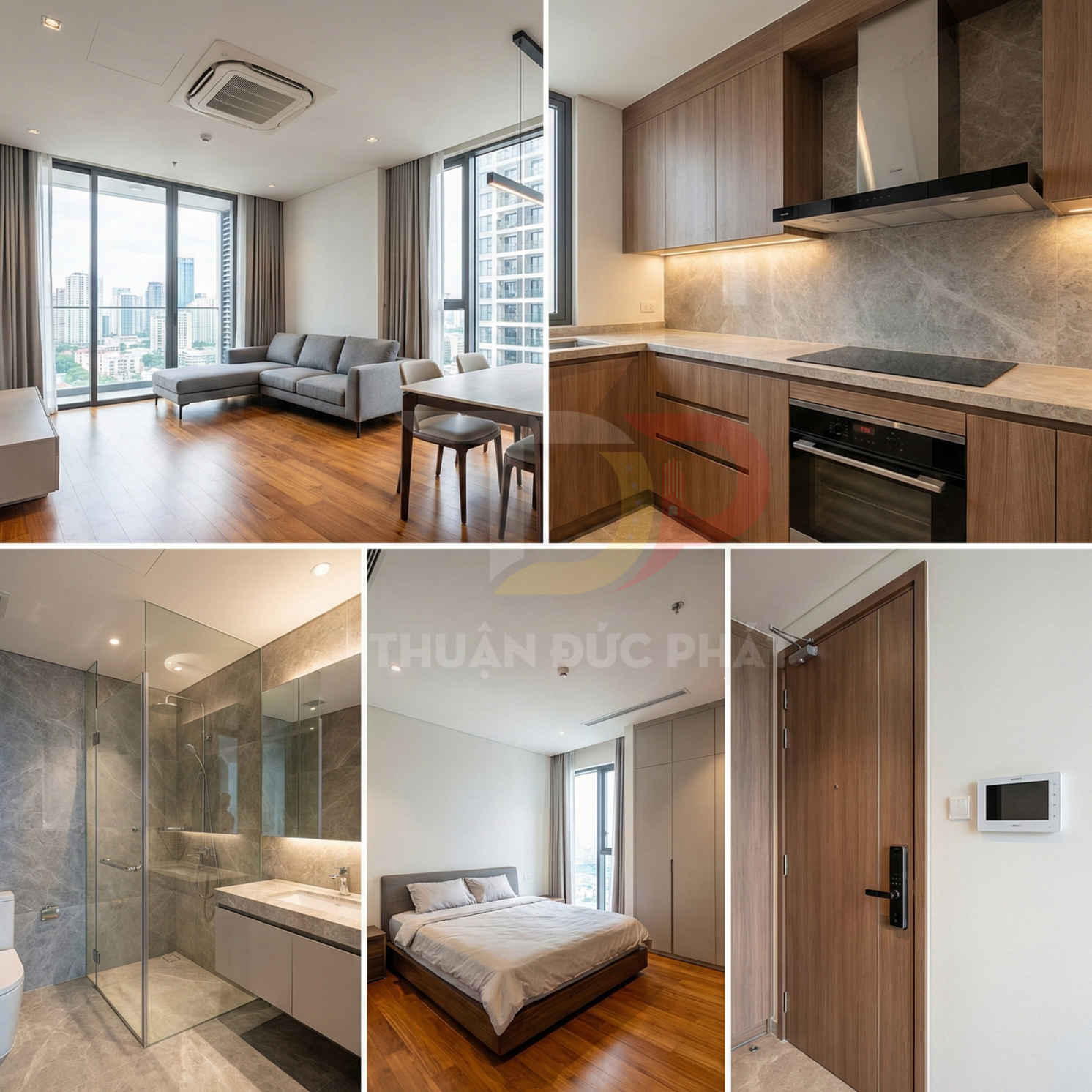 Căn hộ chung cư hiện đại nội thất gỗ gồm phòng khách, bếp, phòng ngủ và phòng tắm kính sang trọng