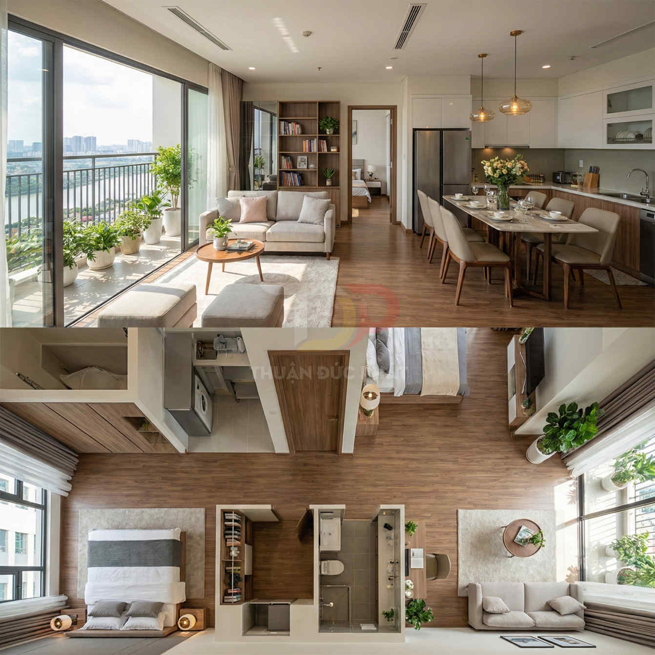 Căn hộ chung cư hiện đại với phòng khách, bếp và phòng ngủ nội thất gỗ, nhiều cây xanh và ban công rộng view sông